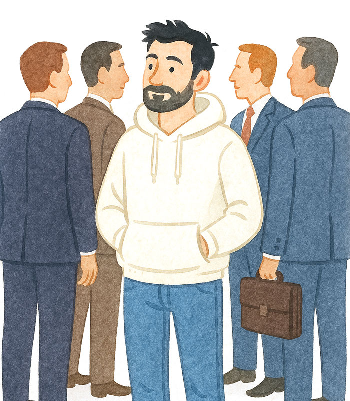 man wearing a hoodie in front of others wearing suits