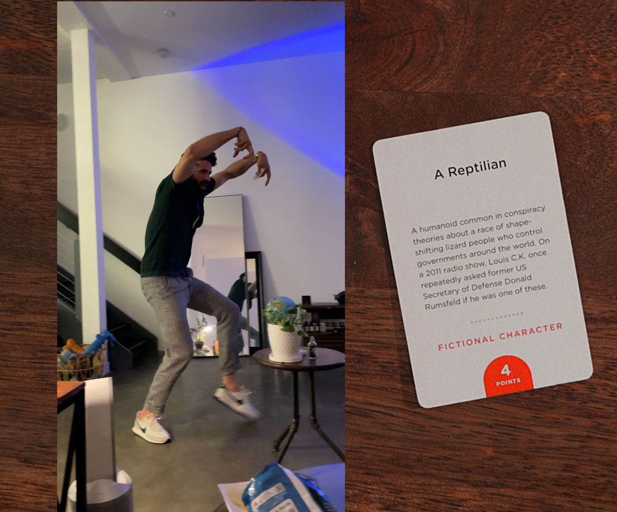 a person acting out reptilian in a game of monikers