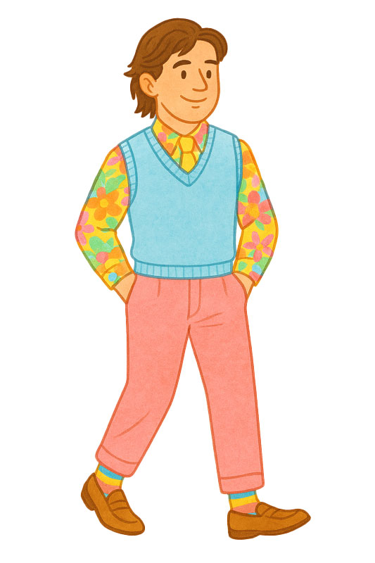 illustration of a man wearing a very colorful outfit