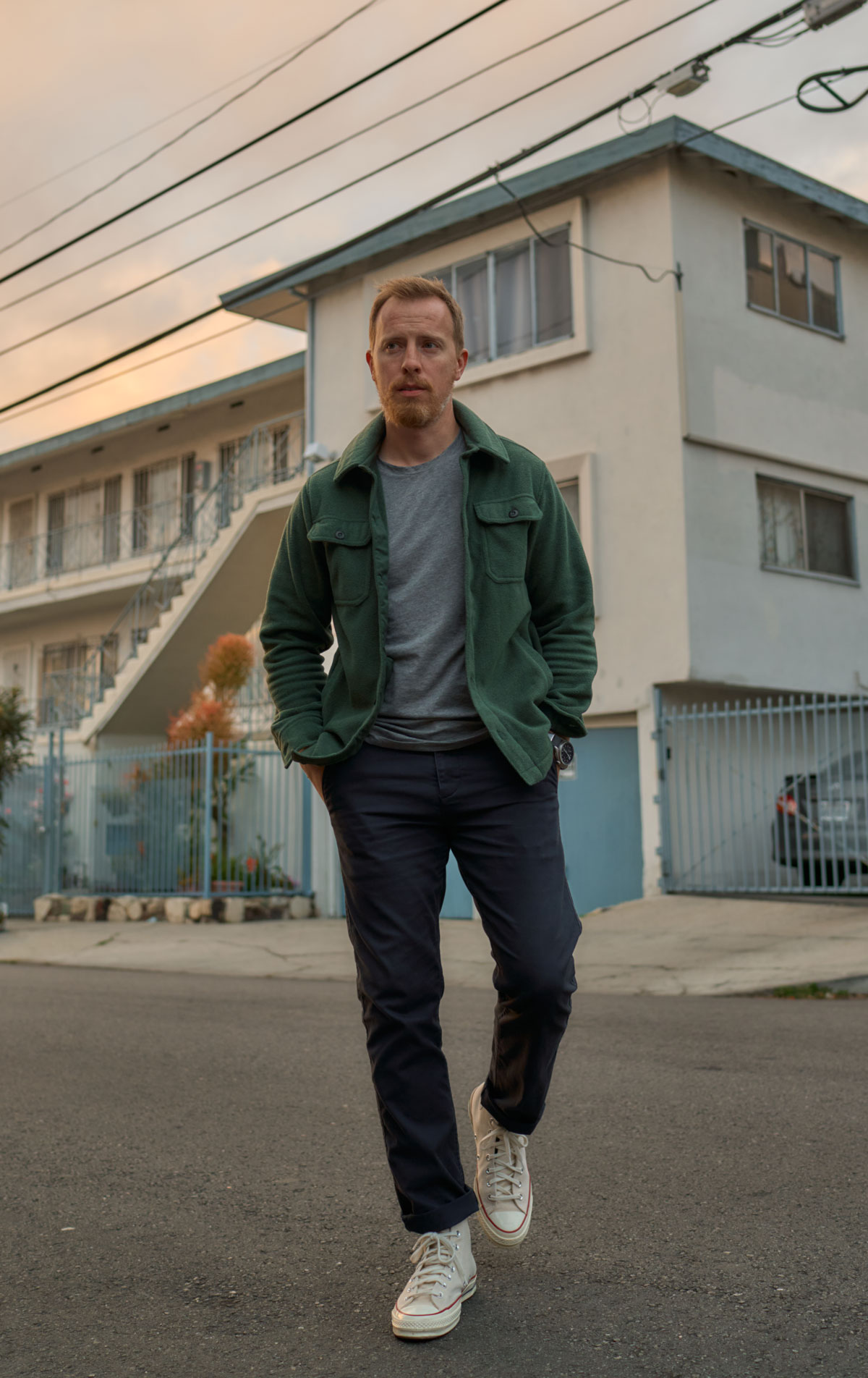 Andrew wearing green fleece shirt jacket