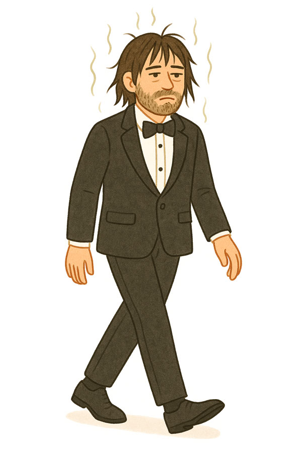 unkept man in tuxedo