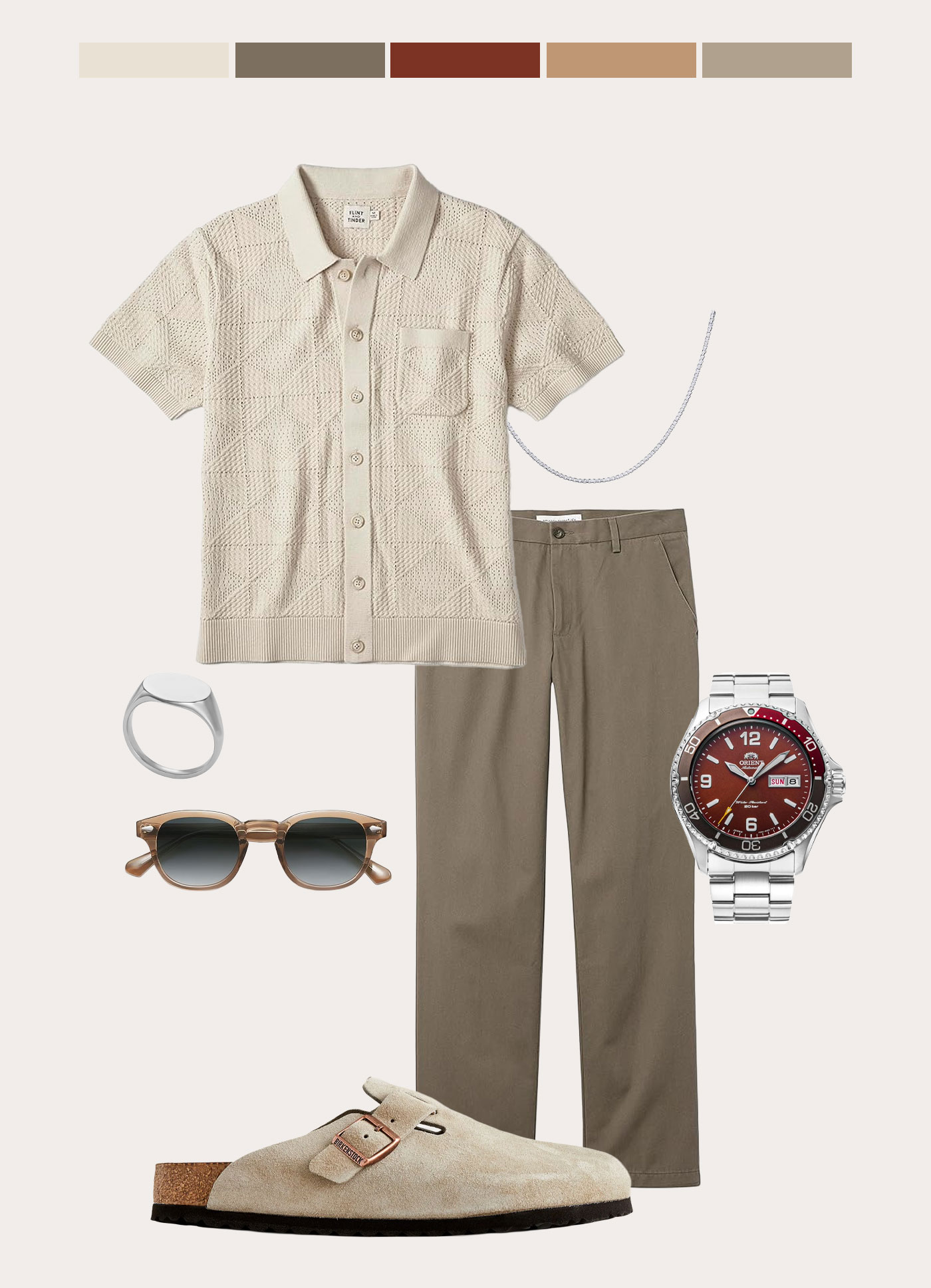 Flat lay of a casual men’s outfit in neutral tones. The ensemble includes a short-sleeve, textured knit button-up shirt in cream with a front chest pocket, paired with taupe straight-leg trousers. Accessories include a silver chain necklace, a wide silver ring, and tortoiseshell-frame sunglasses with dark lenses. Footwear is a pair of beige suede Birkenstock-style clogs with cork soles and a side buckle. A stainless steel wristwatch with a red face and white hour markers completes the look. A color palette featuring off-white, taupe, rust red, tan, and light gray-beige appears at the top of the image.