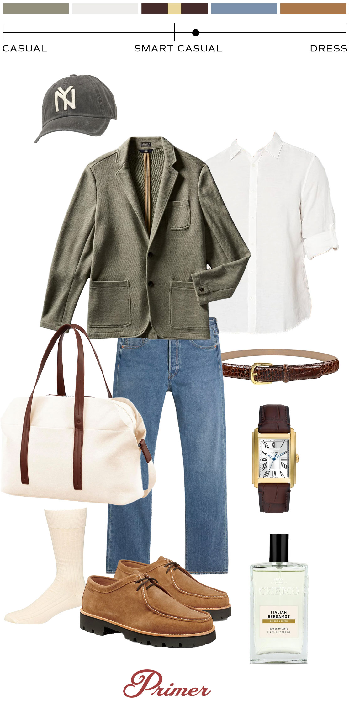Flat lay of a smart casual men’s outfit featuring a dark gray NY baseball cap, olive green textured blazer, white button-down shirt, light blue jeans, brown leather belt with gold buckle, canvas duffle bag with brown leather handles, cream crew socks, brown suede moc-toe shoes with black lug soles, a gold rectangular wristwatch with a brown leather strap, and a bottle of CREMO Italian Bergamot cologne; positioned above the clothing is a style spectrum indicating the outfit leans toward smart casual.