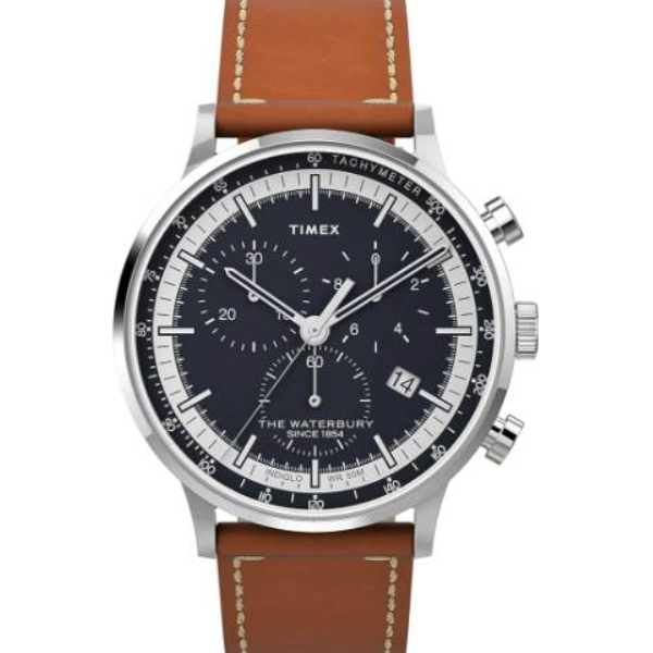 Timex Men's Waterbury Classic Chrono 40mm Stainless Steel Quartz Dress Watch with Leather Strap