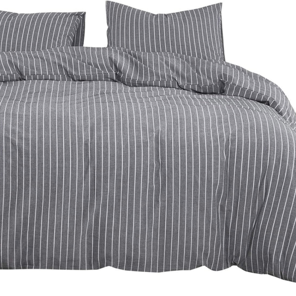 Striped Cotton Duvet Cover Set, Ticking Stripe Vertical Pinstripe Farmhouse, 100% Washed Cotton Textured Percale Bedding Set, 3 Pieces, Gray, Queen Size
