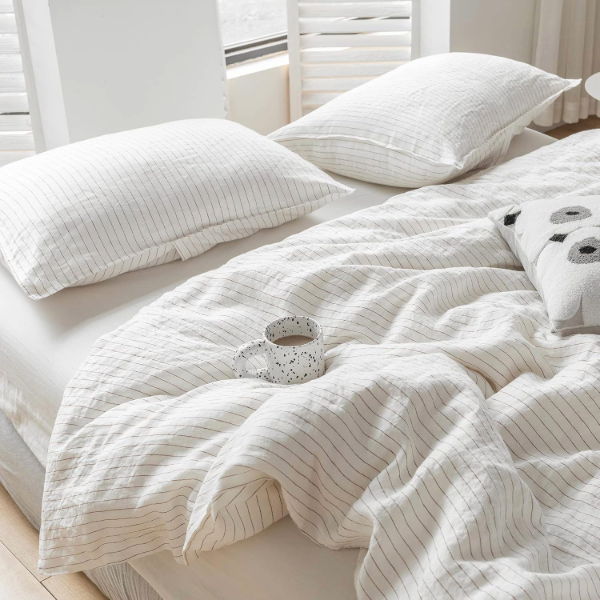 100% Linen Duvet Cover Set 3pcs Yarn Dyed Vertical Pinstripe Ticking Pattern Natural French Washed Flax Breathable Farmhouse Bedding