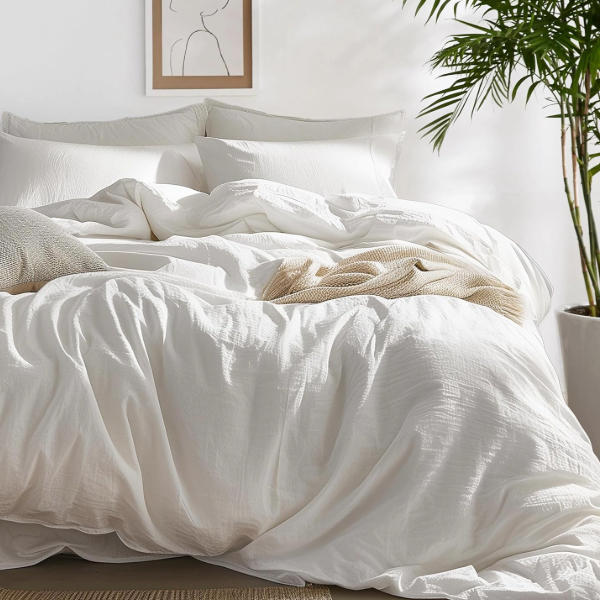 a bed with a washed cotton duvet cover and several pillows