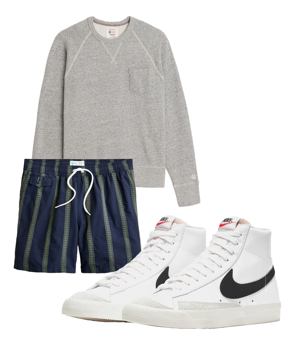 gray sweatshirt, striped swim trunks, nike high tops