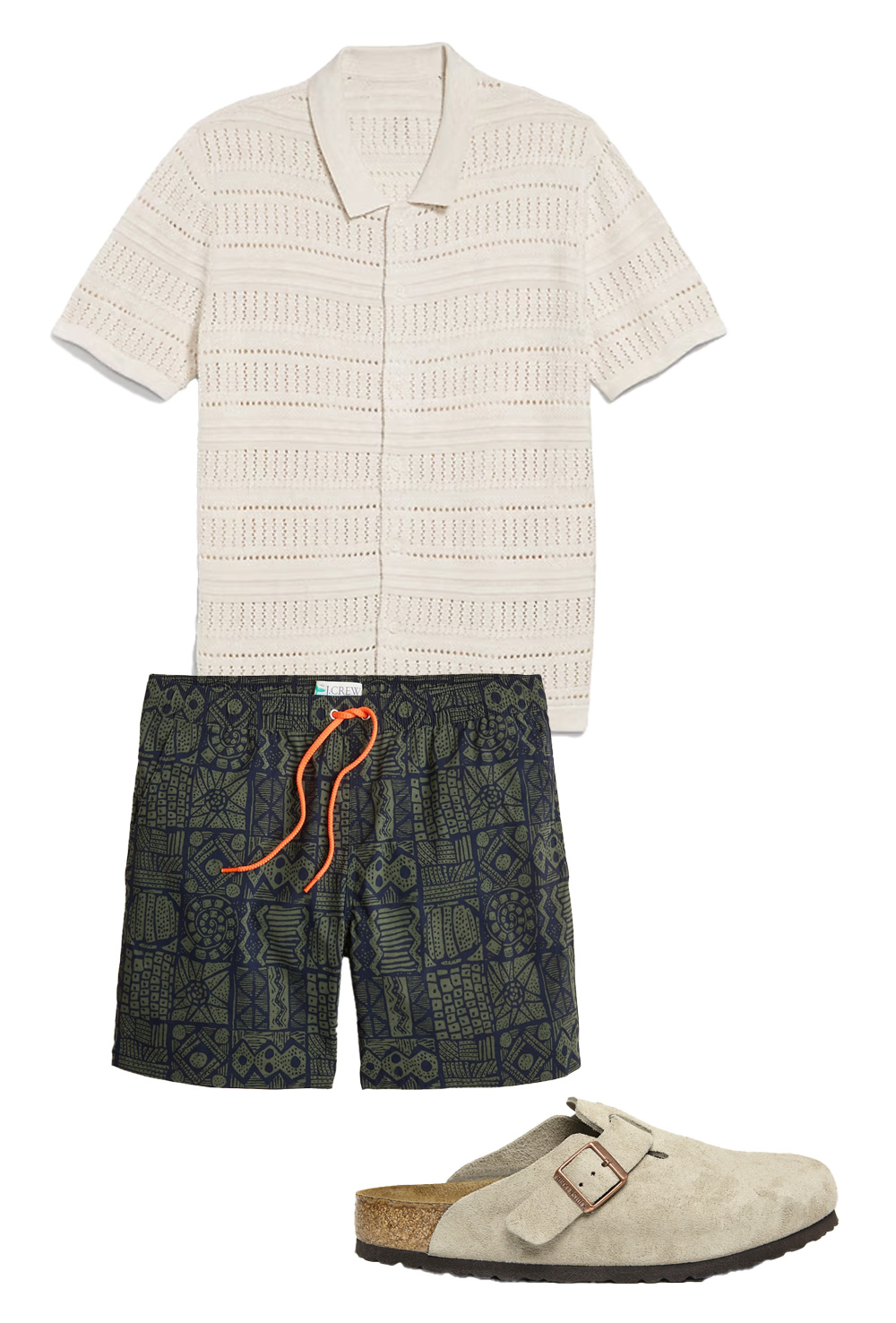 knit polo, pattern swim trunks, birkenstocks