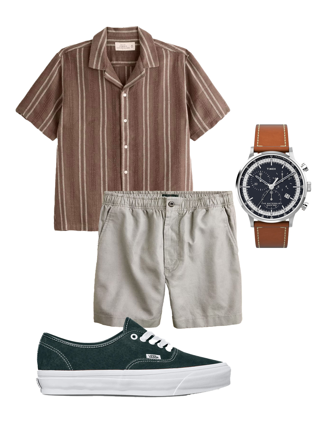 red striped resort shirt, pull on tan shorts, timex watch with leather strap, blue suede vans sneakers