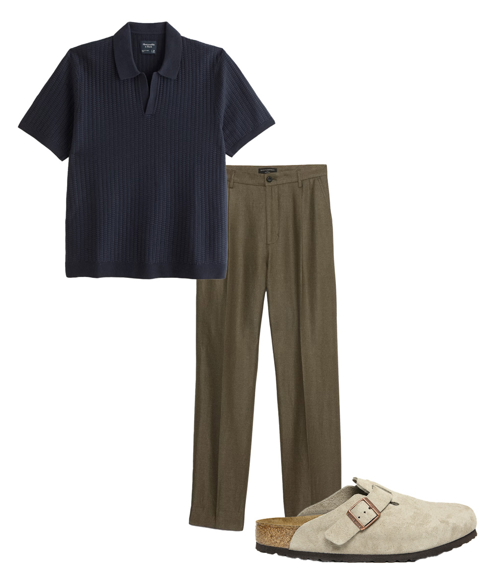navy johnny collar polo with green linen loose pants and tan birkenstock clogs