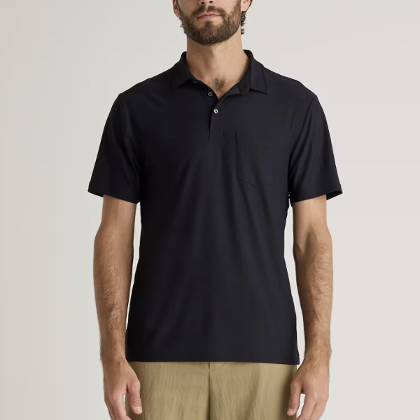 man wearing a knit polo shirt with casual pants