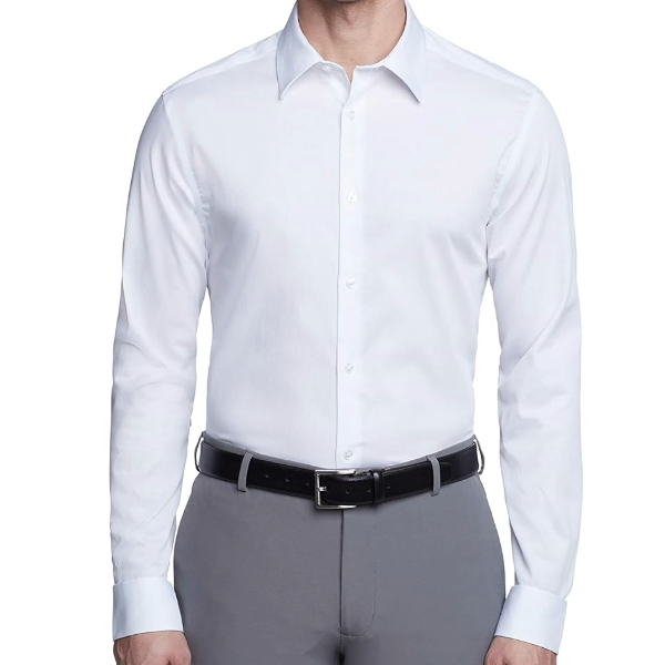 man wearing a white long sleeve dress shirt with dress pants and a belt