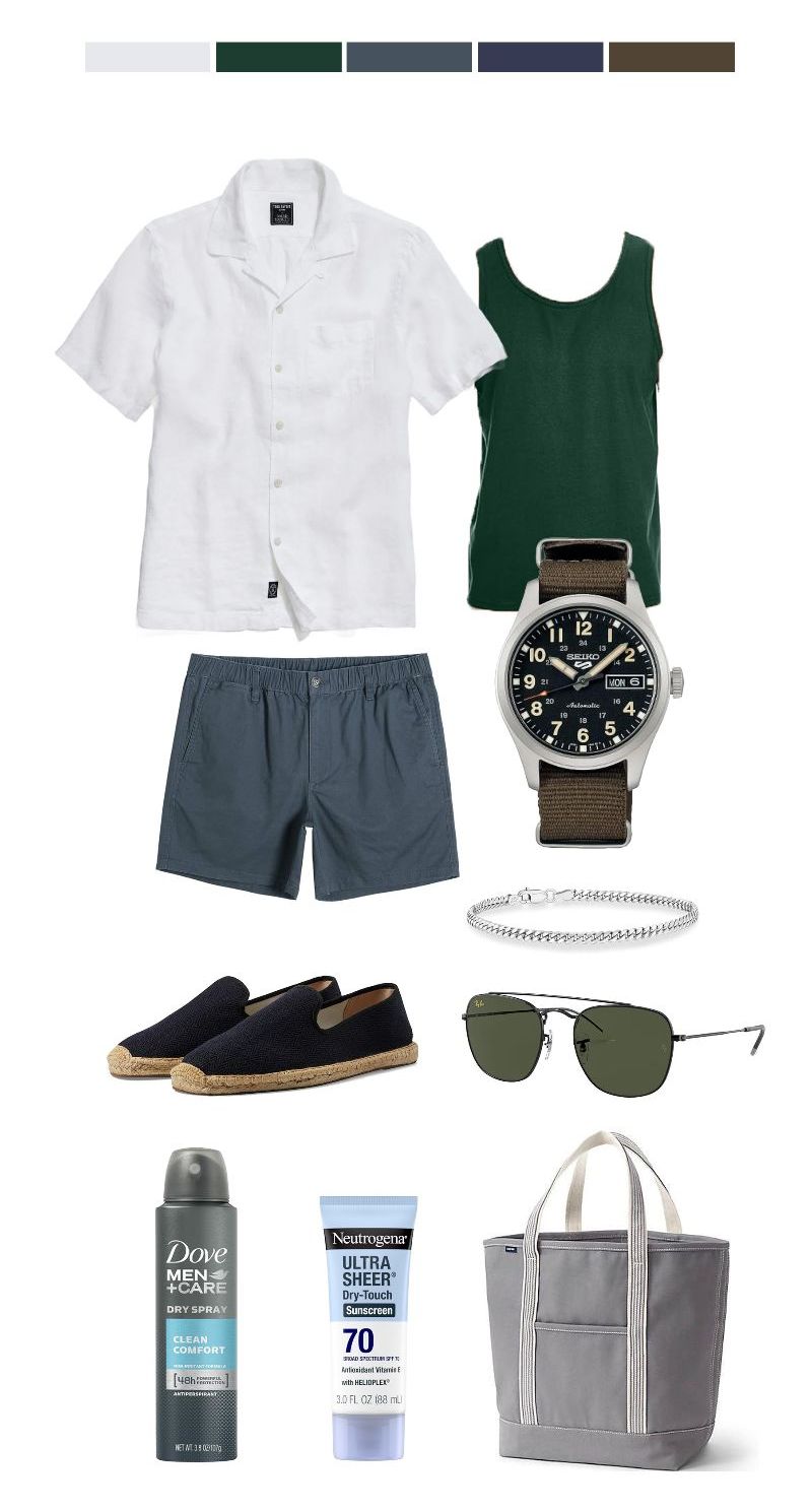 Flat lay of a men's summer outfit and accessories including: a white short-sleeve button-up shirt with a notched collar, a dark green tank top, slate blue drawstring shorts, a silver Seiko wristwatch with a black dial and olive green fabric strap, a silver chain bracelet, black espadrilles with beige soles, black-frame aviator sunglasses with dark green lenses, Dove Men+Care dry spray deodorant, Neutrogena Ultra Sheer SPF 70 sunscreen, and a gray canvas tote bag with white handles and trim. A color palette with swatches of white, dark green, slate blue, navy blue, and brown is shown at the top.