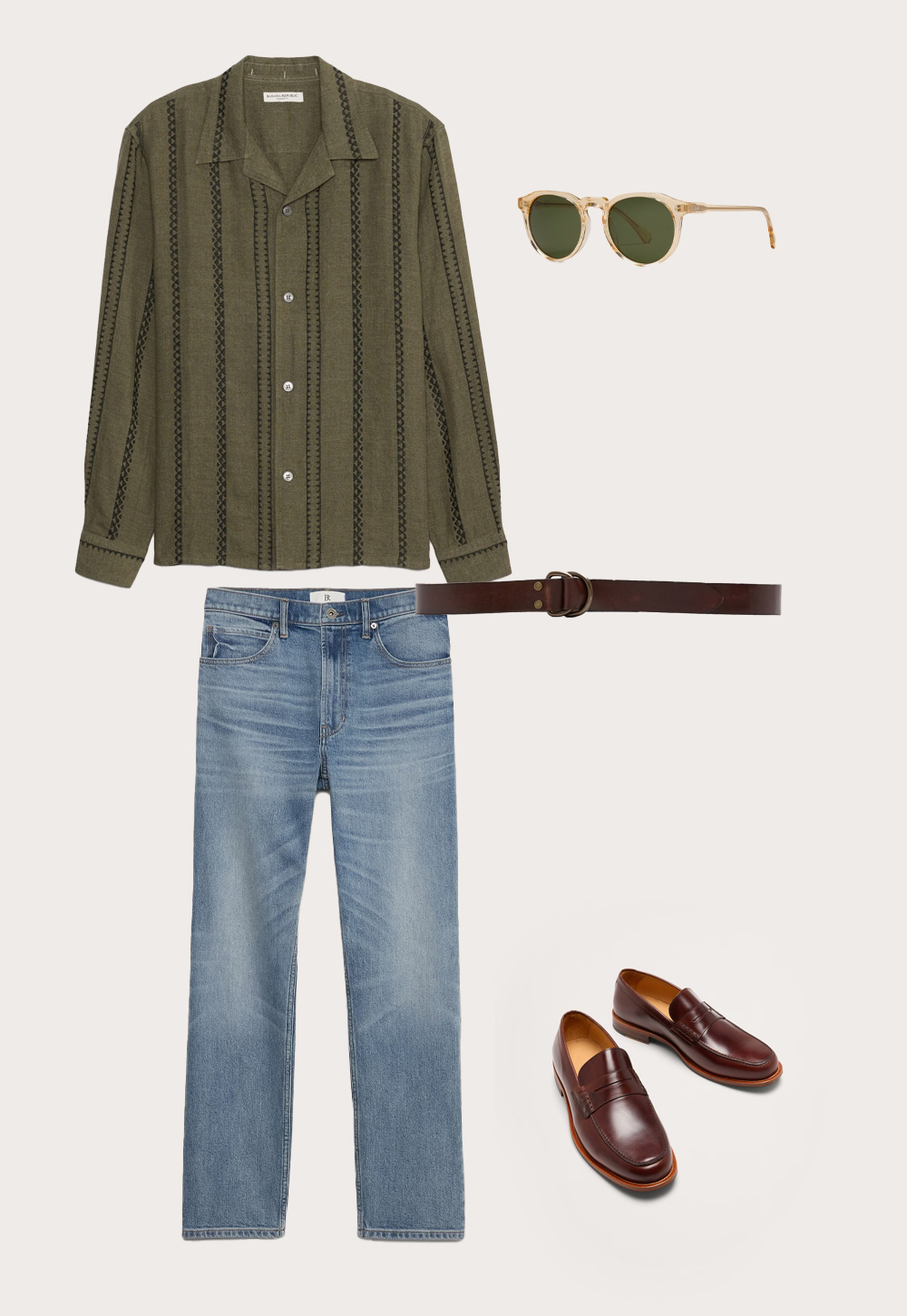 a men's getup featuring green shirt, sunglasses, brown belt and loafers, and light wash denim