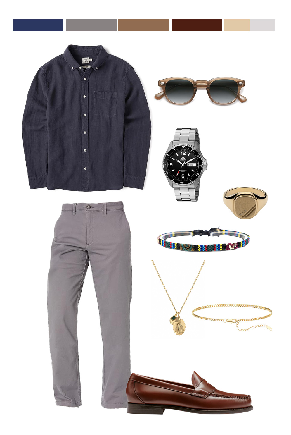 a collage of a blue line shirt, wayfarers, steel watch, gold signet, two bracelets, gold neclace, brown loafers, stone chinos