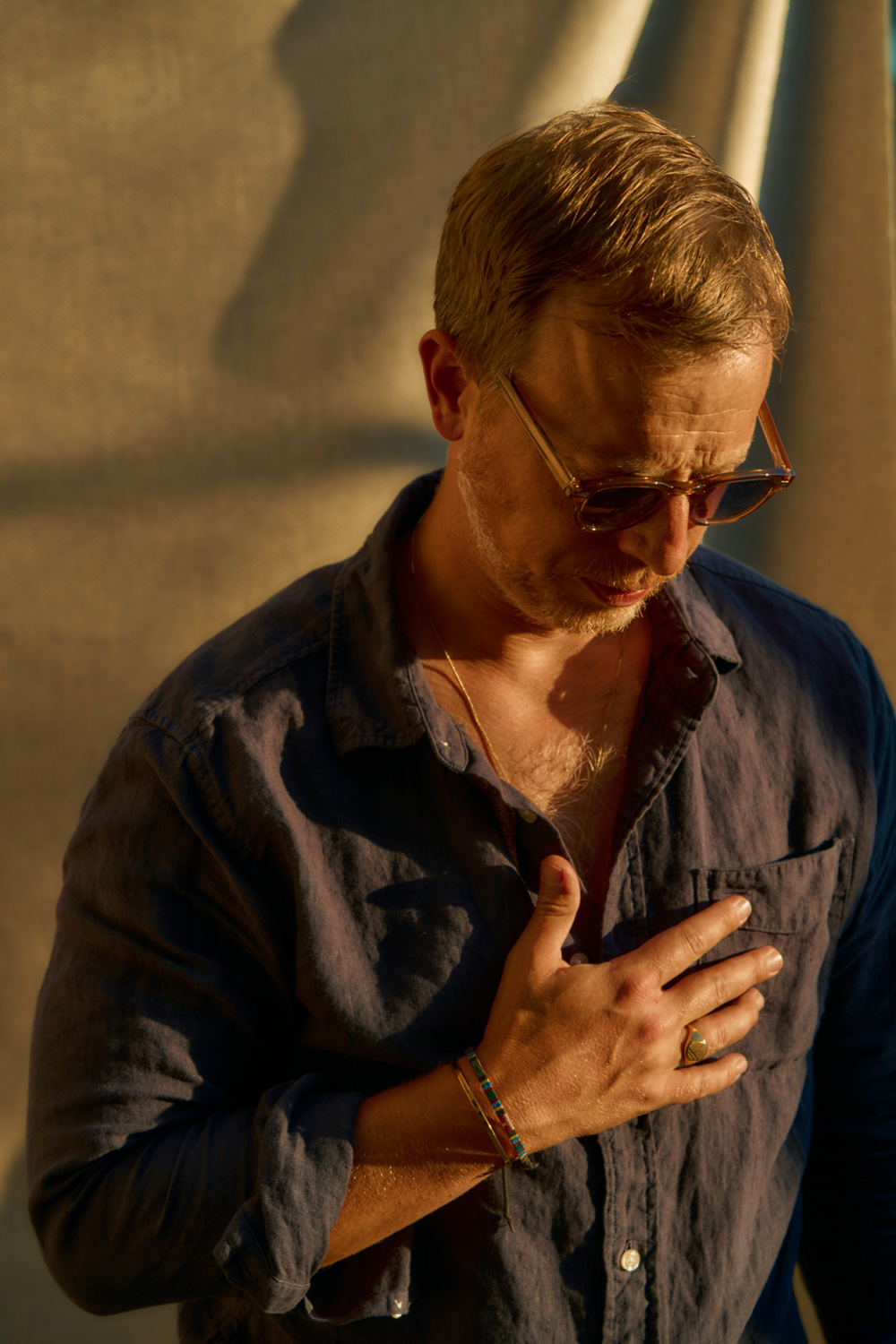 andrew wearing linen shirt