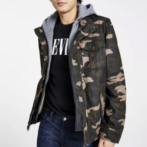 man wearing a camo pring trucker style jacket with hood