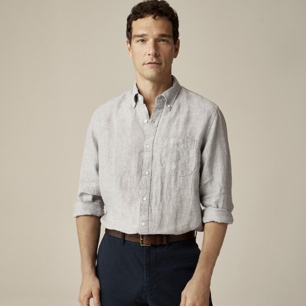 man wearing an Irish linen shirt with button front and long sleeves