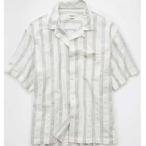 a short sleeve button front collared shirt with striped pattern
