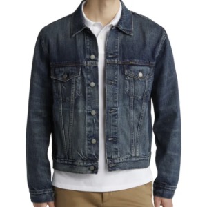 man wearing denim trucker jacket
