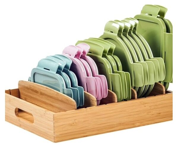 food storage container lids organized in a bamboo drawer caddy organizer