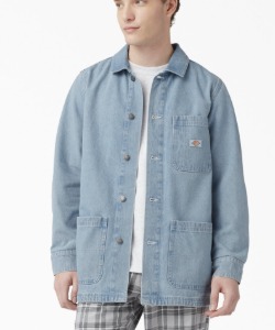 man wearing a chore style denim jacket