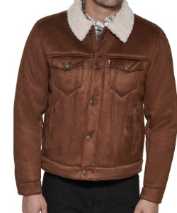 man wearing a Levi's Men's Faux Leather Classic Trucker Jacket