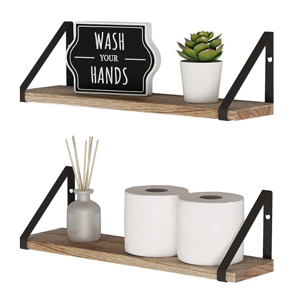 set of two rustic wood floating shelves with assorted item on the the shelves