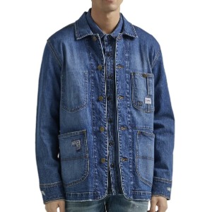 man wearing a denim chore style jacket