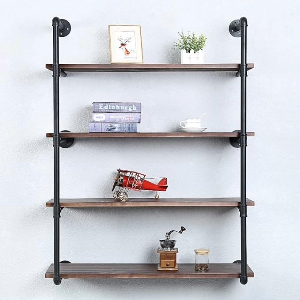rustic metal pipe and wood floating shelves with assorted items on the shelves