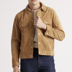 man wearing an Italian suede trucker style jacket