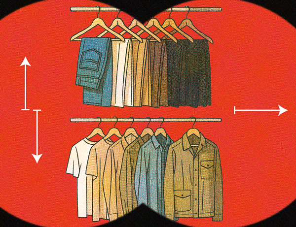 two clothing racks, one with pants, and another with shirts, both organized by type then color