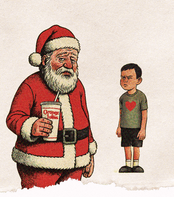 a boy with a heart on his tshirt realizing santa works at the mall