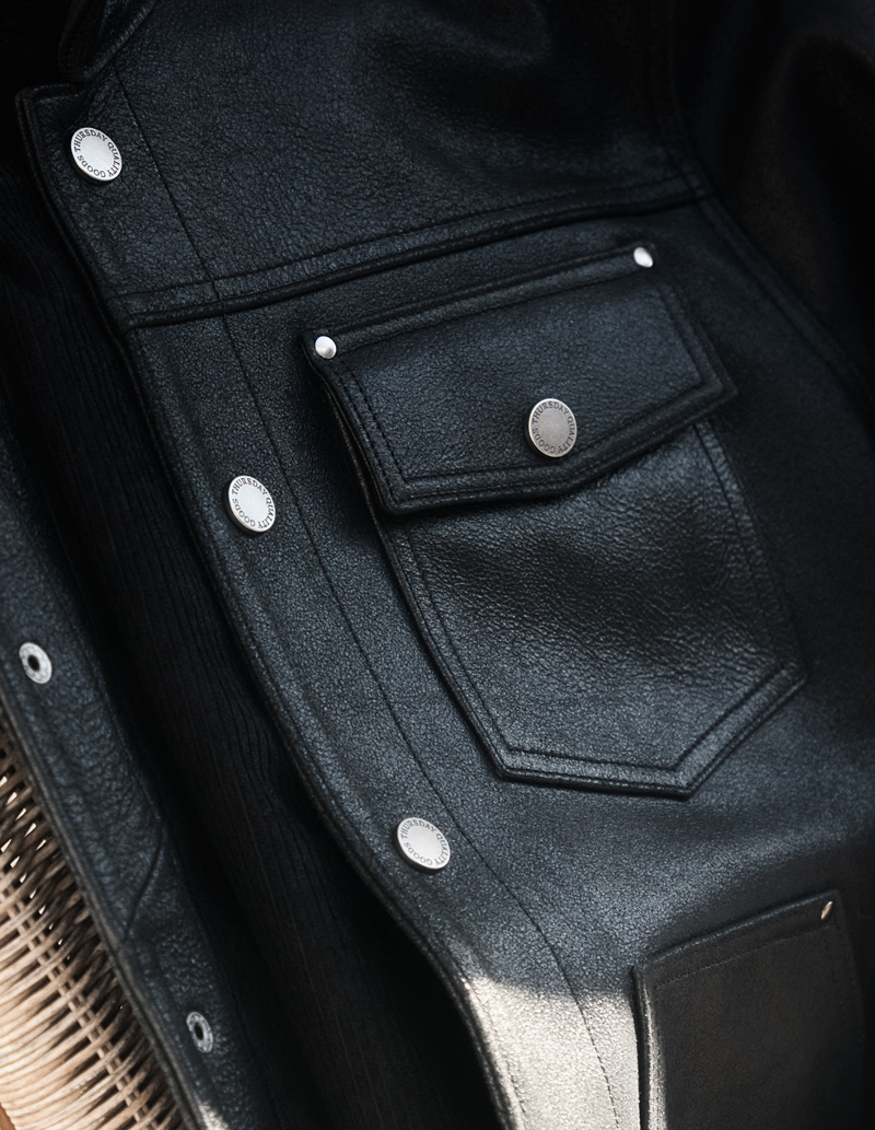close up of rough out leather on thursday boot co cruiser jacket
