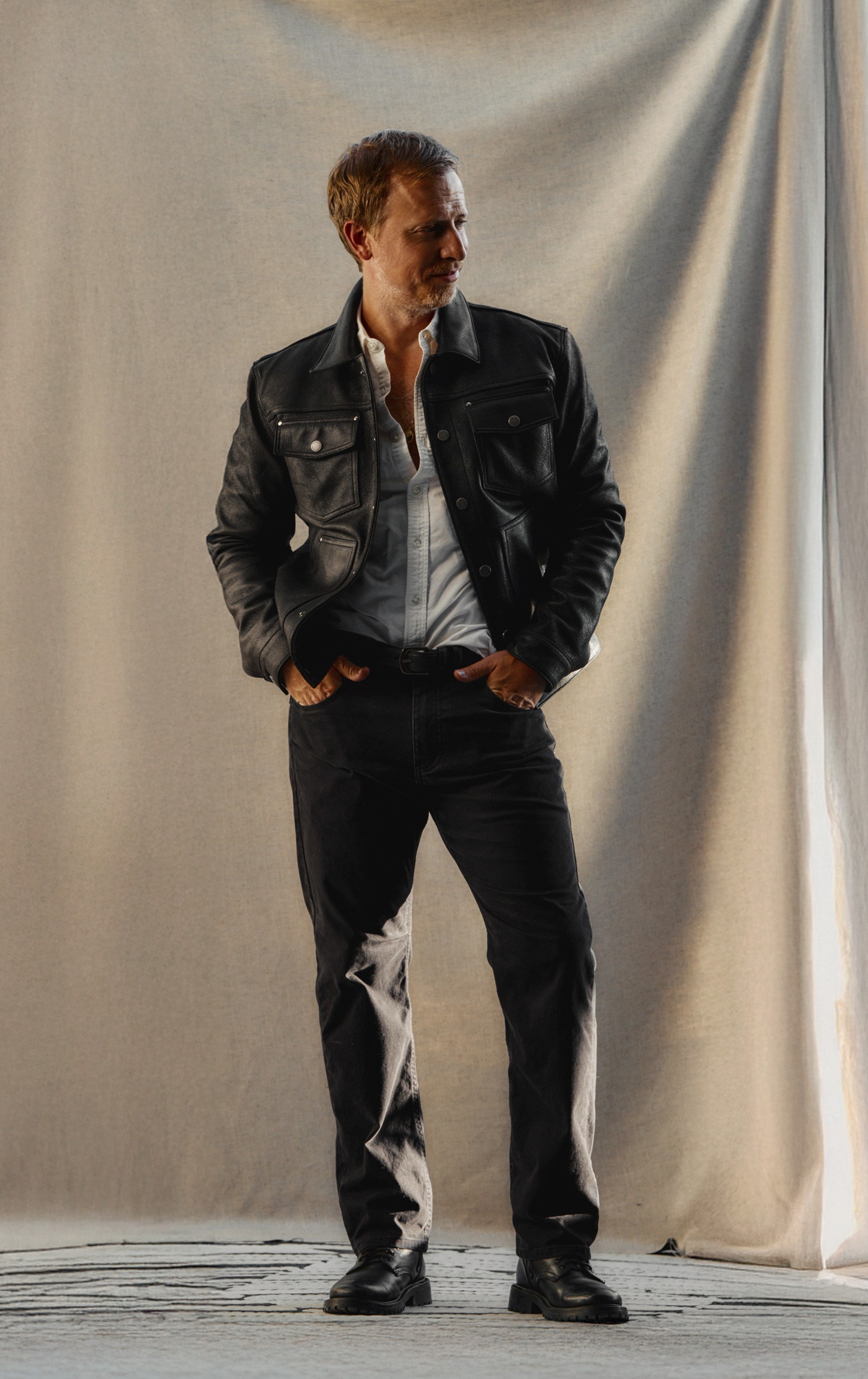 fall outfit with black leather jacket, white oxford shirt, black pants, and black boots, men's fall style ideas fall outfit with black leather jacket, white oxford shirt, black pants, and black boots, men's fall style ideas