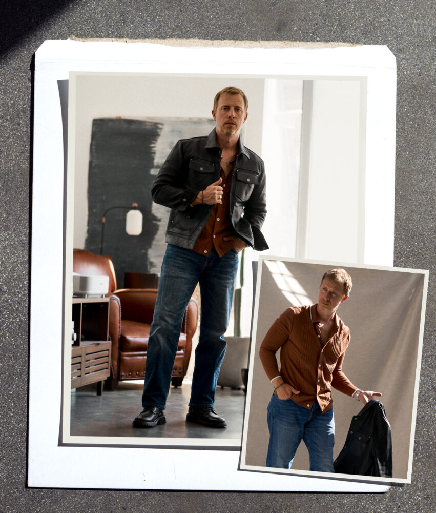 fall-style_leather-jacket-sweater-polo-1 two photos showing black leather jacket over a sweater polo with jeans and black boots