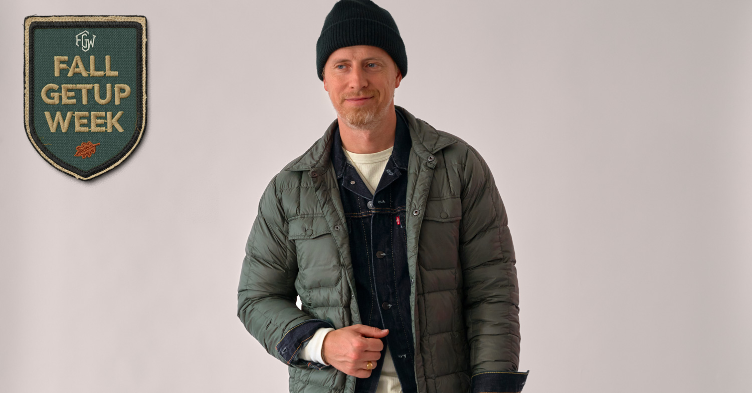 fall getup week with a green puffer over a denim jacket