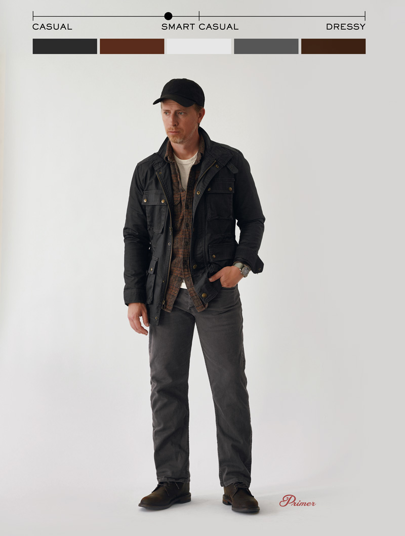 Fall-Men's-Outfit-Flannel-Waxed-Jacket_1 A man stands against a plain white background wearing a black baseball cap, a dark utility jacket with multiple pockets, a brown plaid flannel shirt layered over a white t-shirt, dark gray jeans, and brown leather shoes. The outfit is categorized as “smart casual” on a style spectrum displayed at the top of the image, which ranges from casual to dressy with color swatches beneath. The logo “Primer” appears in red text at the bottom right.