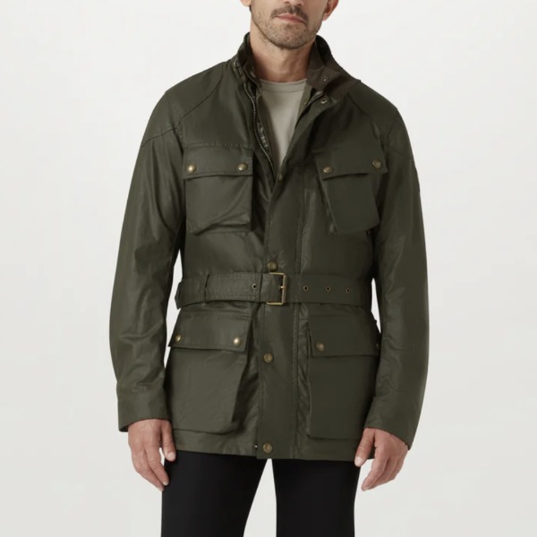 man wearing a waxed cotton field style jacket