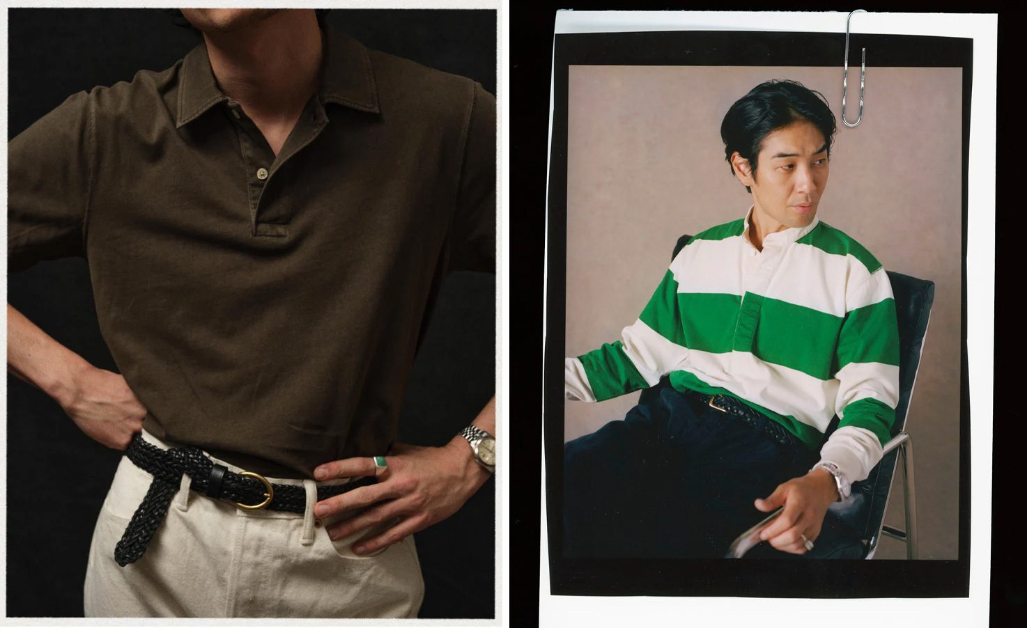 braided-belts two photos of models wearing braided belts, one from buck mason the other from drakes