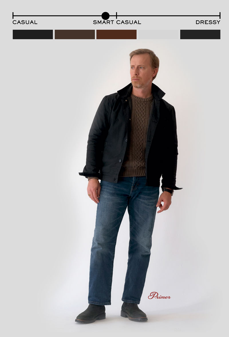 fall getup outfit for men casual style A man wearing a smart casual fall out outfit. He has on a Thursday Boot Co black waxed jacket over a textured,brown cable-knit sweater. He pairs this with medium-wash blue jeans and dark Thursday Chelsea boots. His hands are relaxed at his sides, and he gazes slightly to the left. Above him is a style spectrum ranging from "Casual" to "Dressy," with a marker indicating the outfit is smart casual. A palette of coordinating colors is shown just below the spectrum. The word "Primer" is written near his feet in red script.