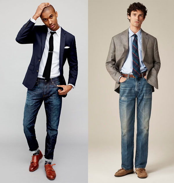 two men in blazers, ties, and jeans, one slimmer in 2015, one fuller cut in 2025