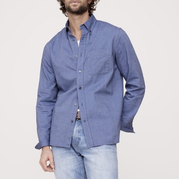 man wearing a standard fit oxford style shirt and denim jeans
