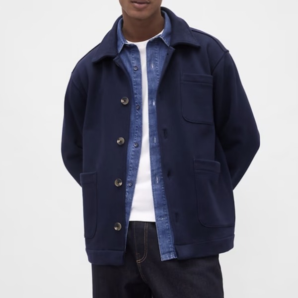 man wearing a French terry chore style jacket