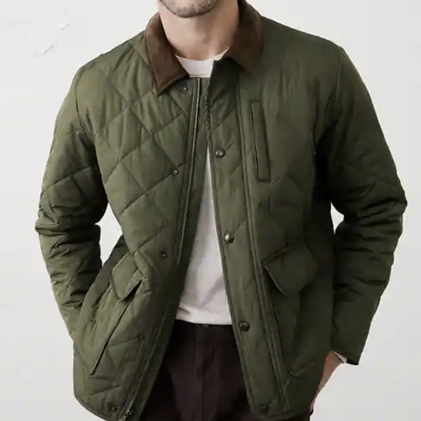man wearing a diamon quilted jacket over a shirt and pants