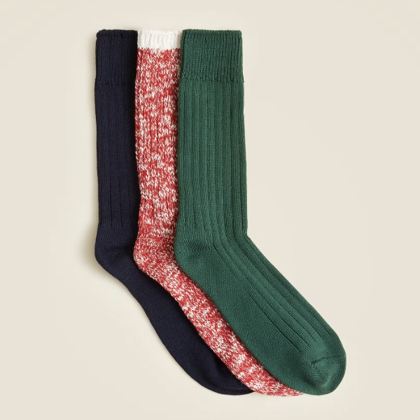 three crew socks in assorted colors