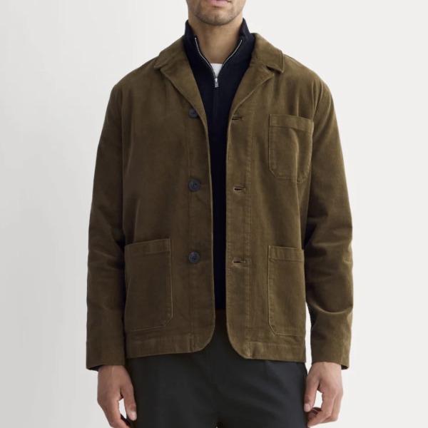 man wearing a wale corduroy chore blazer over a shirt and pants