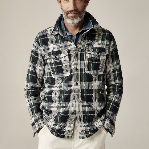 man wearing a soft knit button fron shirt with pants