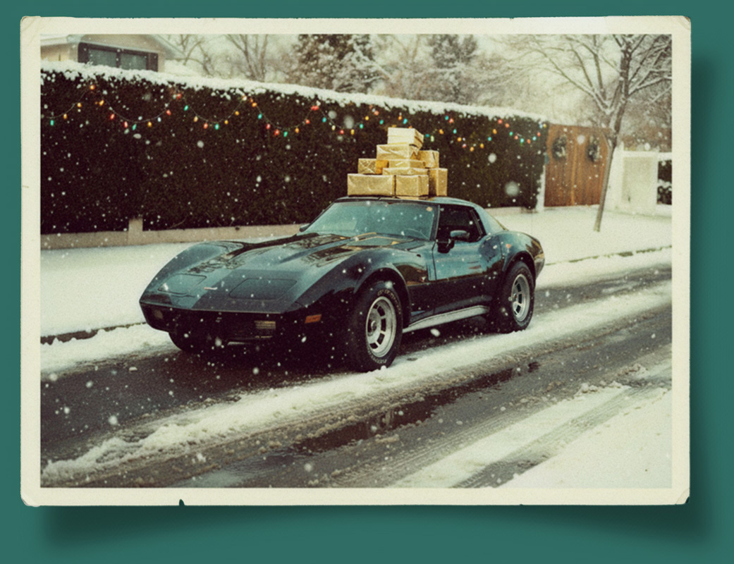 a vintage photo of a sportscar with gifts stacked on top within a snowy scene